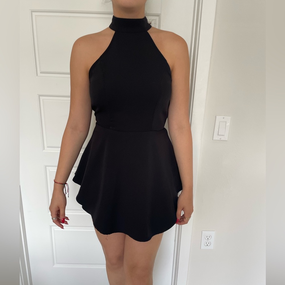 Black High Neck Open Back Mini Skirt with Flare